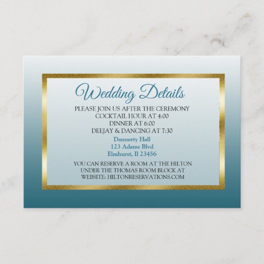 Details blauwe en goudverloopbruiloft informatiekaartje (Voorkant)