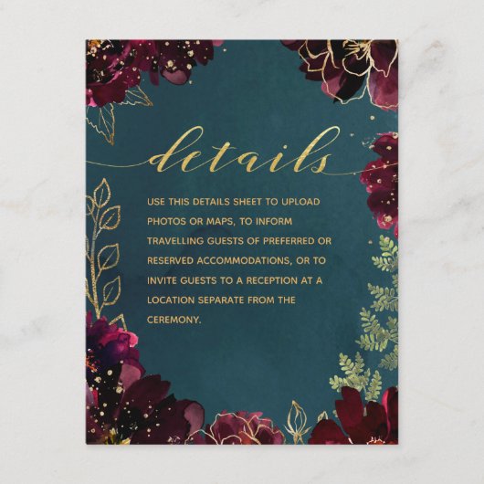 Details blauwgroen Bordeaux Jewel Tone Weddenschap Informatiekaartje (Voorkant)