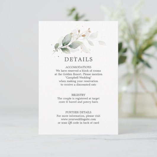 DETAILS Botanische groen gouden bruiloft QR-code Informatiekaartje (Staand voorkant)