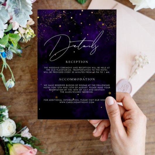 Details bruiloft donkerdonkerPaars Magical Gold Bl Informatiekaartje