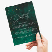 Details bruiloft donkergroene, magisch goud zwart informatiekaartje