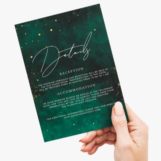 Details bruiloft donkergroene, magisch goud zwart informatiekaartje
