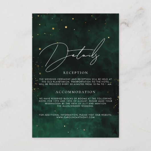 Details bruiloft donkergroene, magisch goud zwart informatiekaartje (Voorkant)