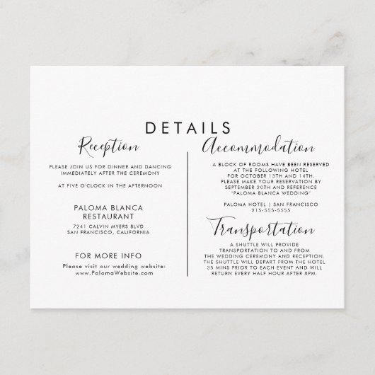 Details Calligrafie zwart-witbruiloft Informatiekaartje (Voorkant)