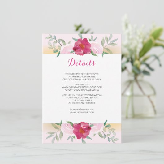 Details Card Pink Flowers & Stripes Informatiekaartje (Staand voorkant)