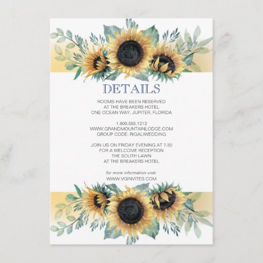 Details Card Sunflower en Navy Blue Invite Set Informatiekaartje (Voorkant)
