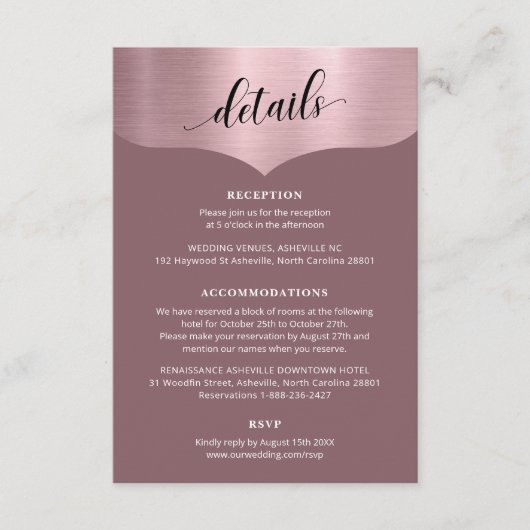 Details Chic Script Metallic Roos Gold Wedding Informatiekaartje (Voorkant)
