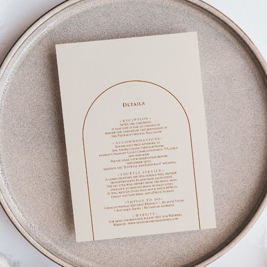 Details eenvoudige boho Arch Ivory Wedding Informatiekaartje