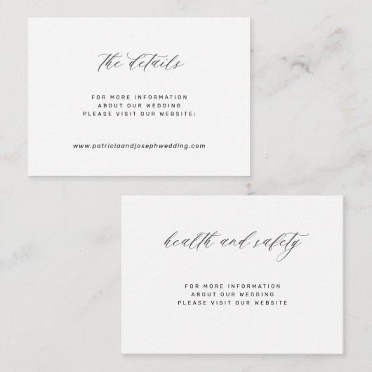 Details eenvoudige witte zwarte bruiloft informatiekaartje (Voorkant / Achterkant)