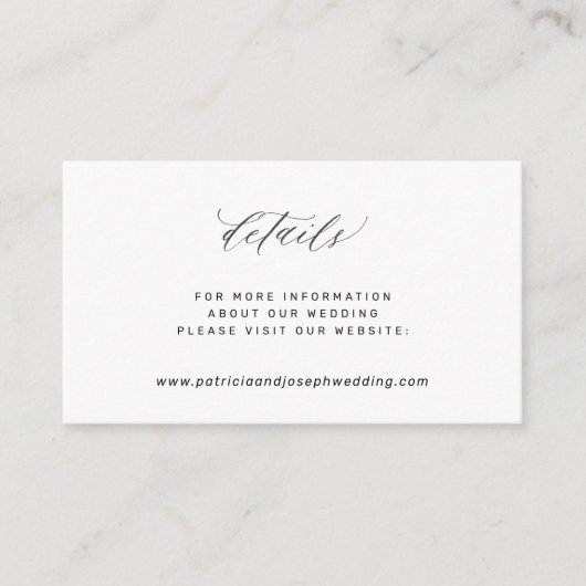 Details eenvoudige witte zwarte bruiloft informatiekaartje (Voorkant)