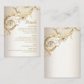 Details Elegant Gold Floral Damask Script Weduwsch Informatiekaartje (Voorkant / Achterkant)