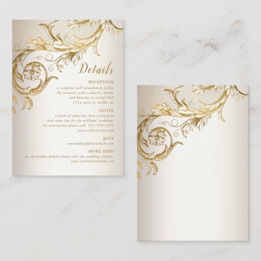 Details Elegant Gold Floral Damask Script Weduwsch Informatiekaartje (Voorkant / Achterkant)