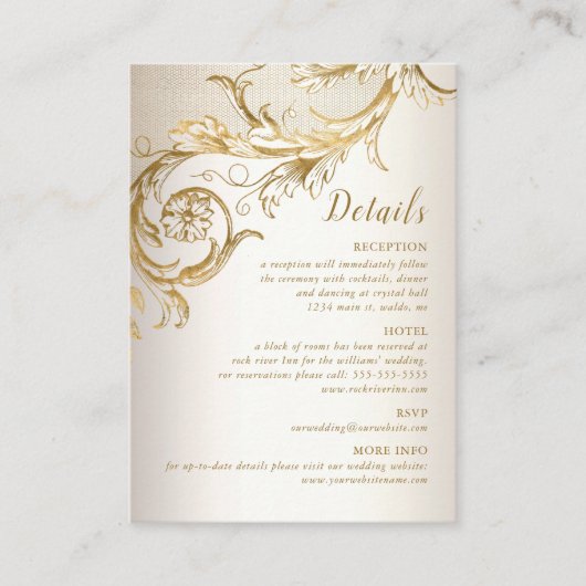 Details Elegant Gold Floral Damask Script Weduwsch Informatiekaartje (Voorkant)