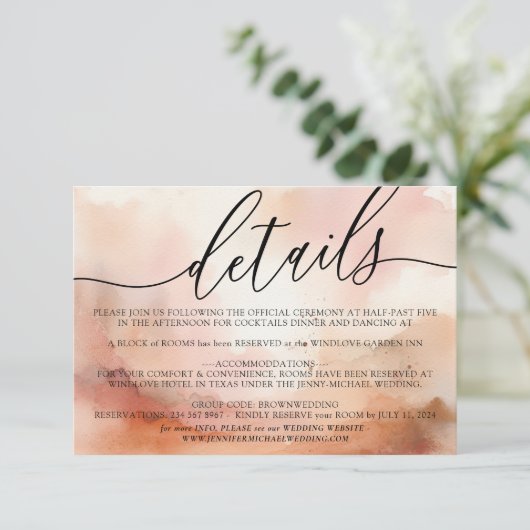 Details Elegant Roos Gouden Waterverf Bruiloft RSVP Kaartje (Staand voorkant)