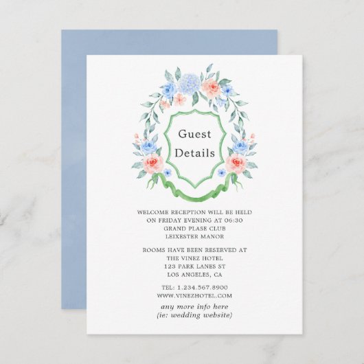 Details Floral Monogram Crest Wedding Guest Informatiekaartje (Voorkant / Achterkant)
