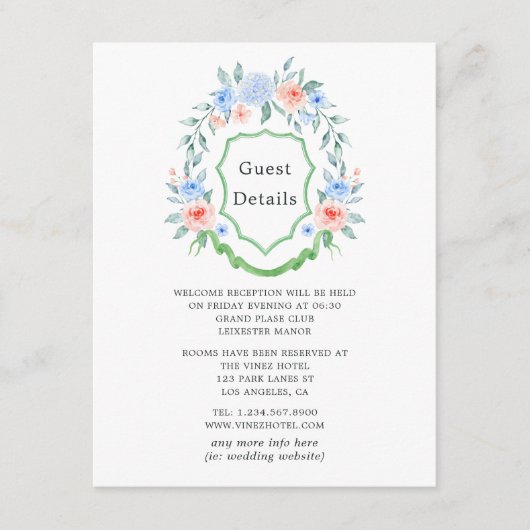 Details Floral Monogram Crest Wedding Guest Informatiekaartje (Voorkant)