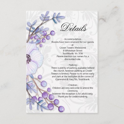 Details Floral Paarse Wedding Damask Informatiekaartje (Voorkant)