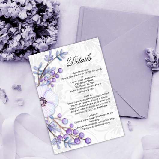 Details Floral Paarse Wedding Damask Informatiekaartje