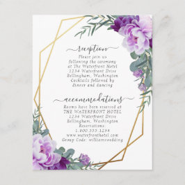 Details gouden en Paarse Elegant Floral Wedding Informatiekaartje