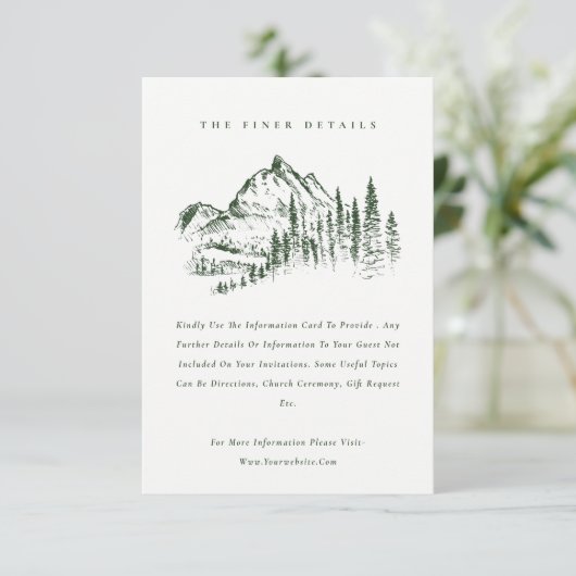 Details groene Bossen bergen schetsen bruiloft Informatiekaartje (Staand voorkant)