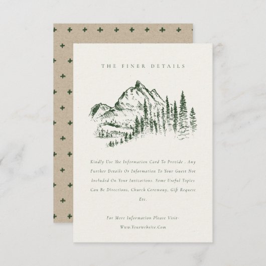 Details groene Bossen bergen schetsen bruiloft Informatiekaartje (Voorkant / Achterkant)