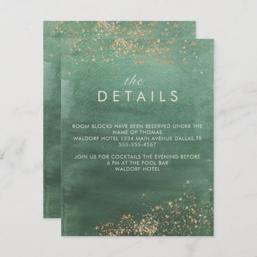 Details groene en goudmoderne Waterverf bruiloft Informatiekaartje (Voorkant / Achterkant)
