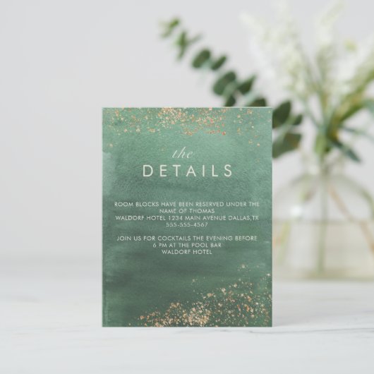Details groene en goudmoderne Waterverf bruiloft Informatiekaartje (Staand voorkant)