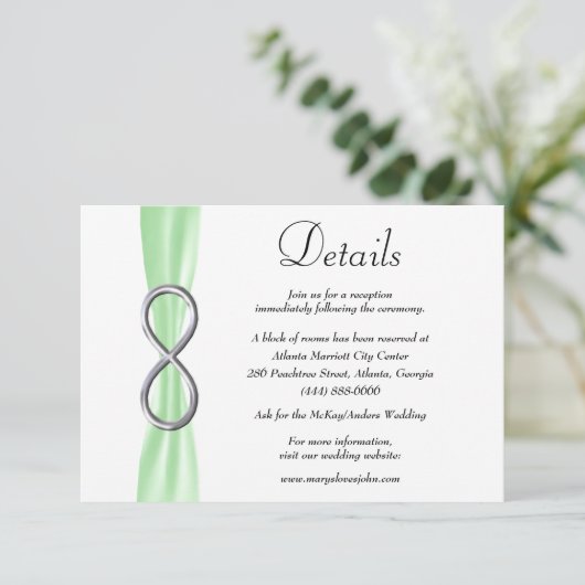 Details groene ribbon Silver Infinity Wedding Informatiekaartje (Staand voorkant)