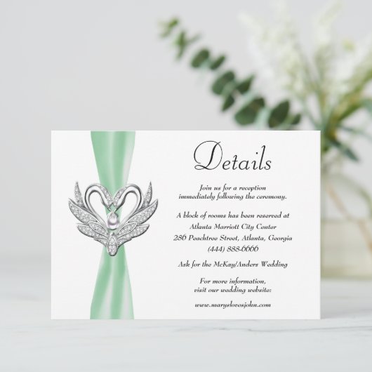Details groene ribbon Silver Swans Weddenschap Informatiekaartje (Staand voorkant)