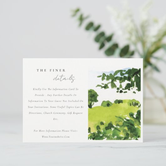 Details groene Waterverf Landelijke Hills Weddensc Informatiekaartje (Staand voorkant)