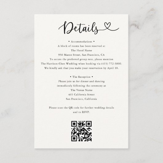 Details Heart QR Code RSVP Wedding  Enclosure Card Informatiekaartje (Voorkant)