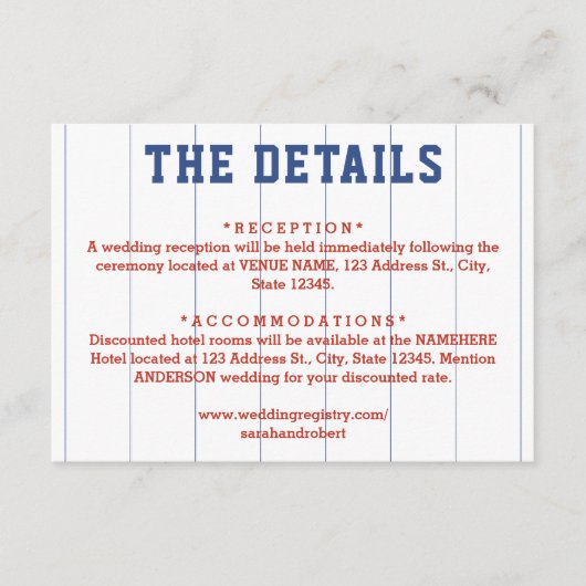 Details honkbal streepjes bruiloft informatiekaartje (Voorkant)