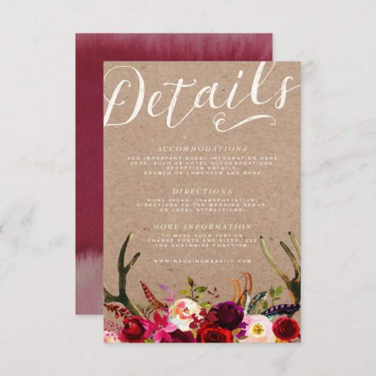 DETAILS KAART | Elegante Bloemen Boho Rustiek gewe (Voorkant / Achterkant)