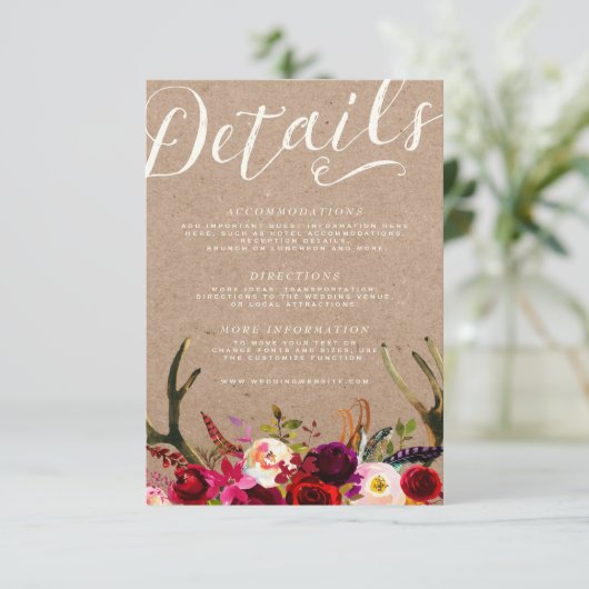 DETAILS KAART | Elegante Bloemen Boho Rustiek gewe (Staand voorkant)