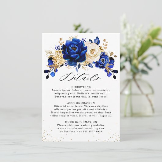 details koninklijke blauwe goudbloem rond het huwe informatiekaartje (Staand voorkant)