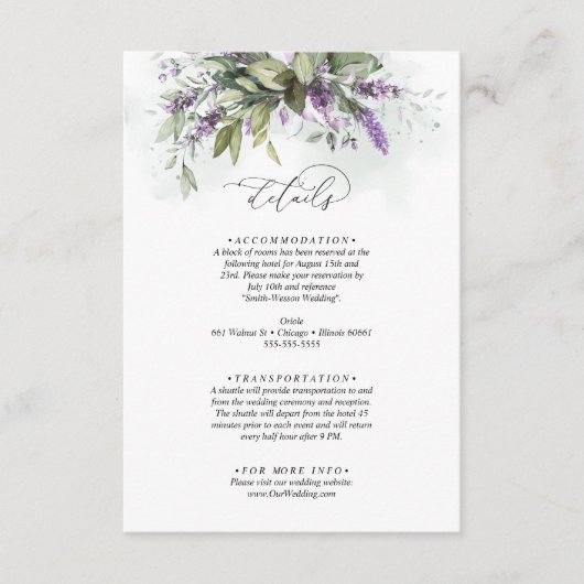 Details lavender Greenery Script Wedding Informatiekaartje (Voorkant)