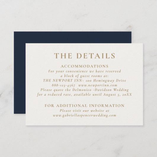 Details legant Chic Navy Blue Gold Wedding Informatiekaartje (Voorkant / Achterkant)