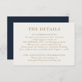 Details legant Chic Navy Blue Gold Wedding Informatiekaartje