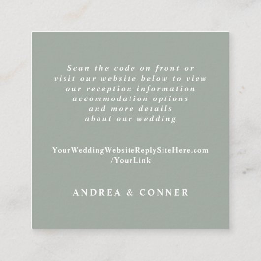 Details legant Sage Green QR Code Weddenschap Informatiekaartje (Achterkant)