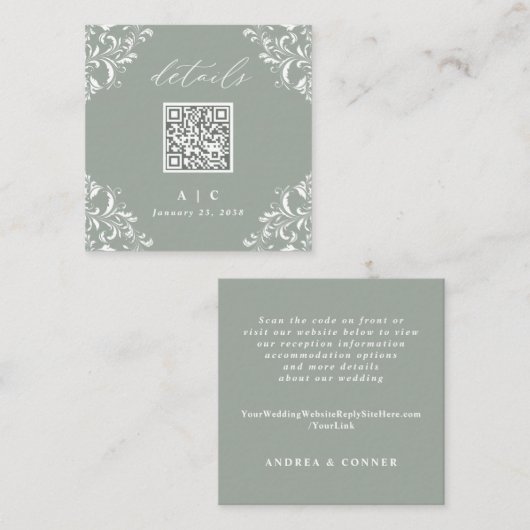 Details legant Sage Green QR Code Weddenschap Informatiekaartje (Voorkant / Achterkant)