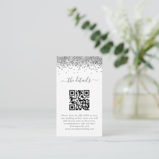 Details mini Silver Glitter QR-code Weddenschap Informatiekaartje (Staand voorkant)