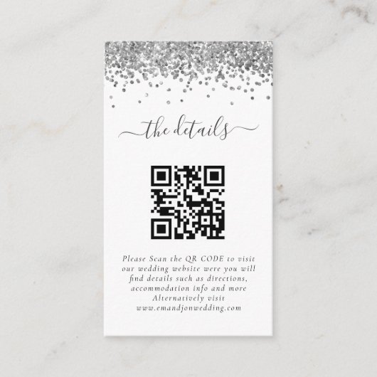 Details mini Silver Glitter QR-code Weddenschap Informatiekaartje (Voorkant)