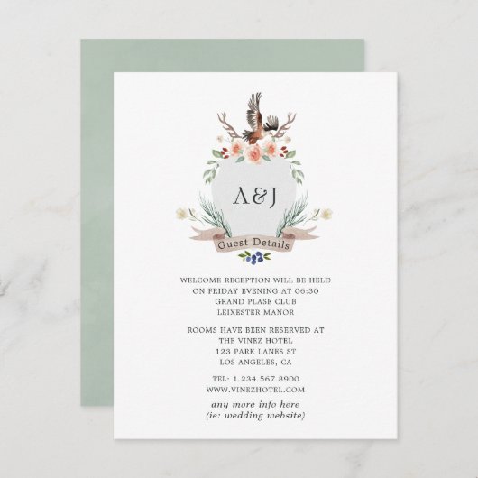 Details Monogram Woodland Crest Wedding Guest Informatiekaartje (Voorkant / Achterkant)