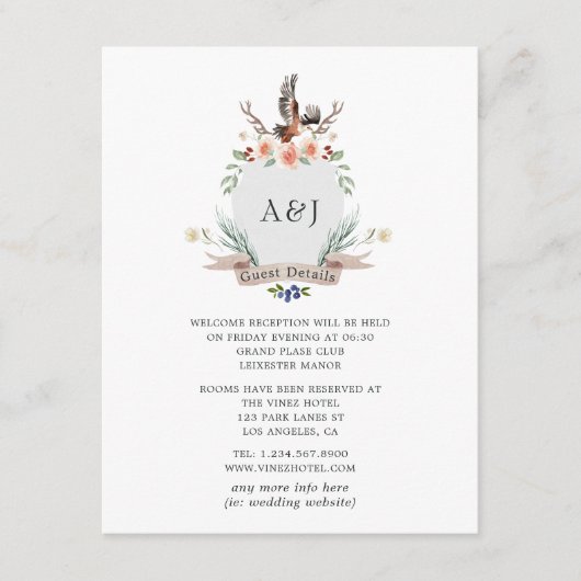 Details Monogram Woodland Crest Wedding Guest Informatiekaartje (Voorkant)