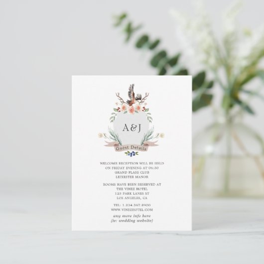 Details Monogram Woodland Crest Wedding Guest Informatiekaartje (Staand voorkant)