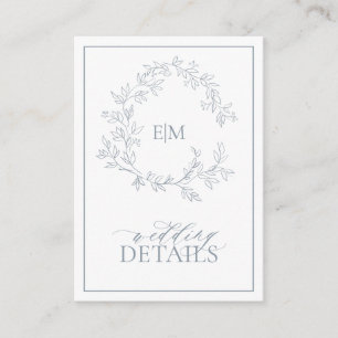 Details mosterd Blue Leafy Crest Monogram Weddensc Informatiekaartje