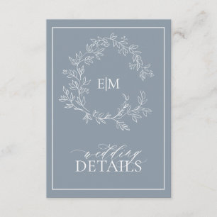 Details mosterd Blue Leafy Crest Monogram Weddensc Informatiekaartje