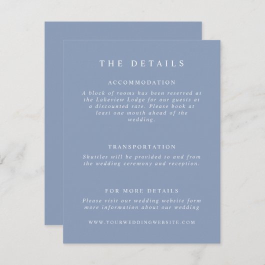 Details mosterdblauw huwelijk informatiekaartje (Voorkant / Achterkant)