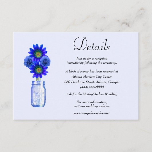 Details over blauwe bloemen Mason Jar Wedding Informatiekaartje (Voorkant)