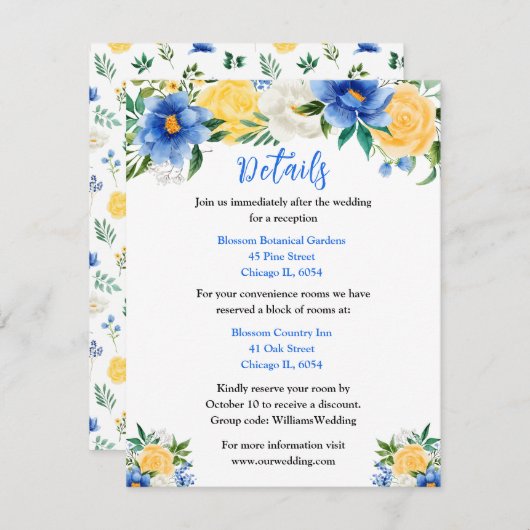 Details over blauwe en gele bruiloft informatiekaartje (Voorkant / Achterkant)